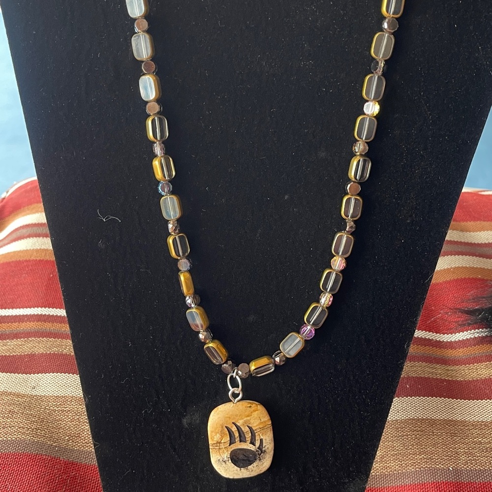 Necklace with Glass Beads & Picture Jasper Pendant